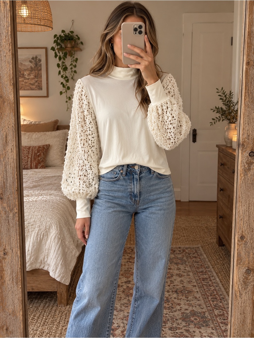 Women's Cream Crochet Puff-Sleeve Top